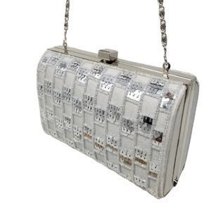 Evening Hand Bag Clutch Purse Beaded Sequin Silver Tone Frame Chain Boxy Vintage